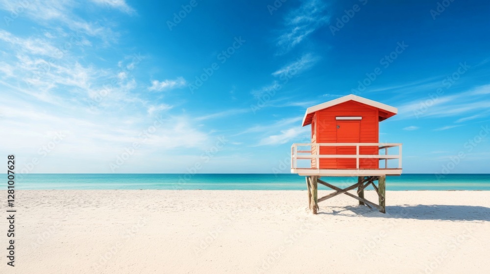 Red lifeguard hut on sandy beach under clear blue sky near turquoise ocean Red lifeguard hut on sandy beach under clear blue sky near turquoise ocean