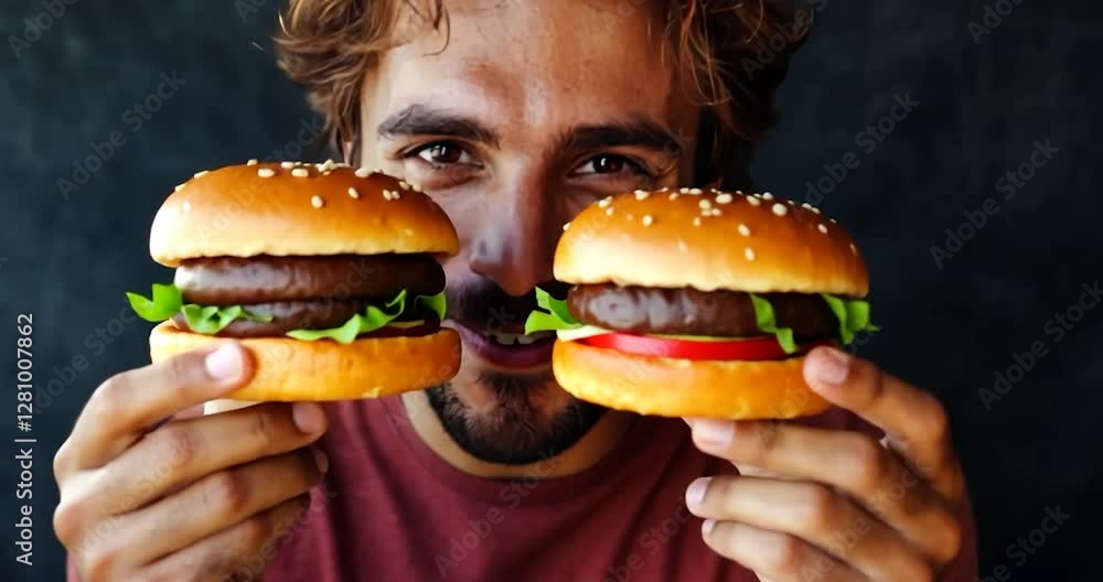 A person holding two burgers, smiling and smiling at camera. The background is black, and he wears red shirt A person holding two burgers, smiling and smiling at camera. The background is black, and he wears red shirt