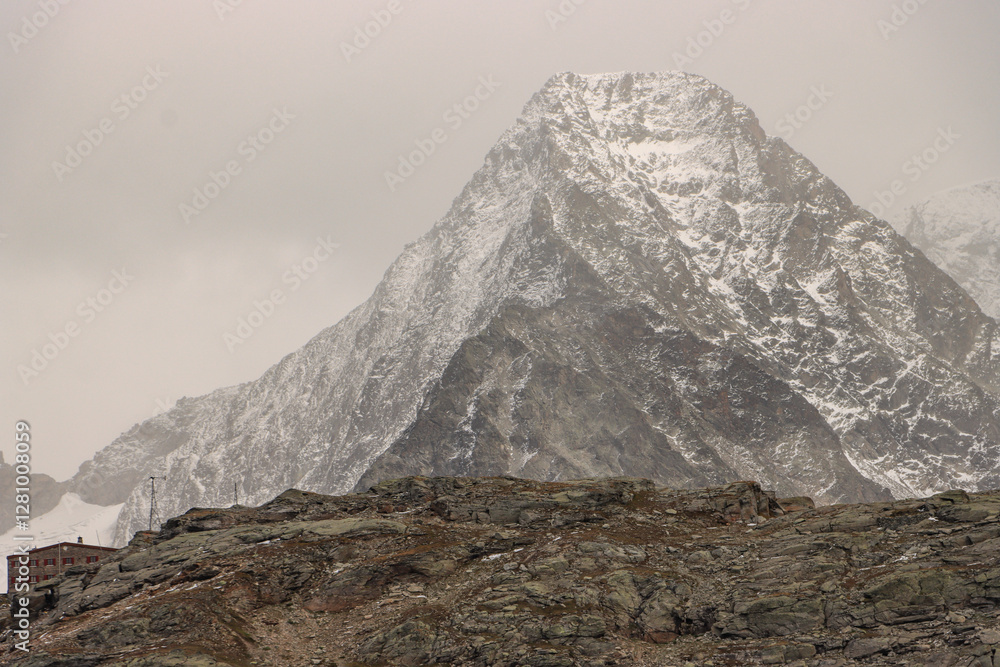 Riese über dem Berghaus; Fuorcla Surlej mit Piz Tschierva in den Bernina-Alpen