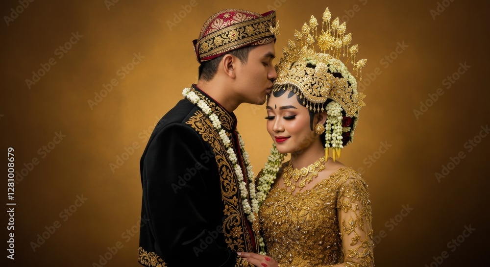 Fototapeta premium Romantic Javanese Couple in Traditional Wedding Attire Tender Kiss