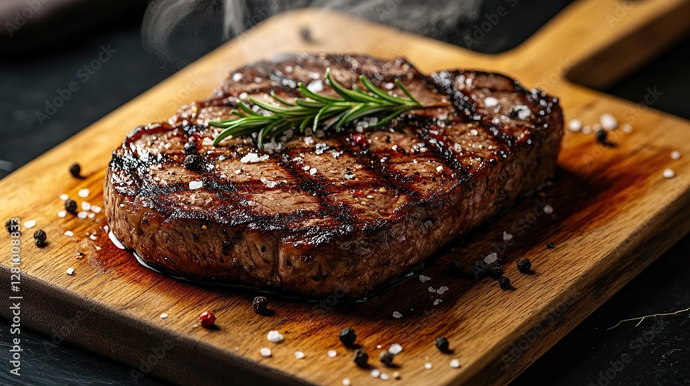 Perfectly Cooked Steak on Wooden Cutting Board with Rosemary Garnish Perfectly Cooked Steak on Wooden Cutting Board with Rosemary Garnish