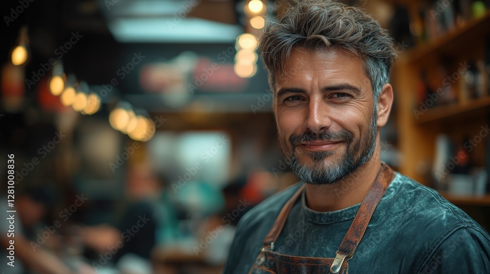 Obraz premium Smiling Man in Apron Stands at Busy Market During Evening Hours Generative AI