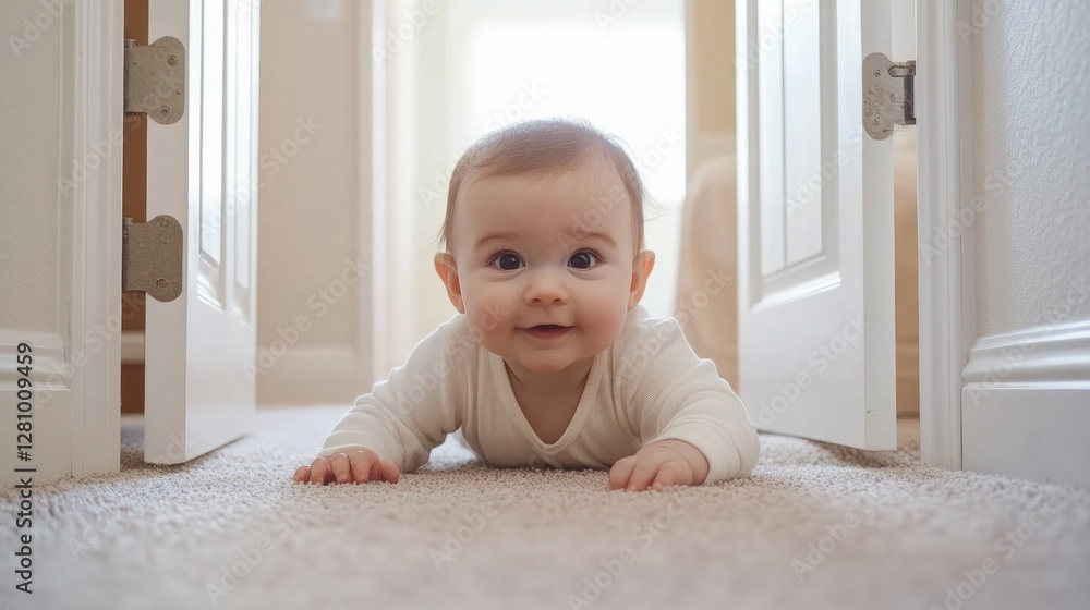 A joyful baby crawls on soft carpet, exploring the world beyond an open door. The warm light fills the room, inviting curiosity and wonder A joyful baby crawls on soft carpet, exploring the world beyond an open door. The warm light fills the room, inviting curiosity and wonder