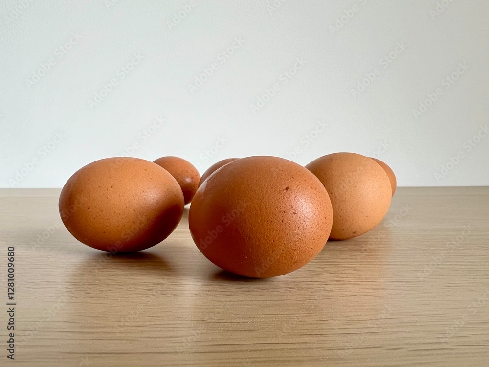 A few brown eggs on a wooden table with a white wall background. Perfect for fresh food themes, healthy eating, protein-rich diets, or Easter designs highlighting simplicity and tradition. A few brown eggs on a wooden table with a white wall background. Perfect for fresh food themes, healthy eating, protein-rich diets, or Easter designs highlighting simplicity and tradition.