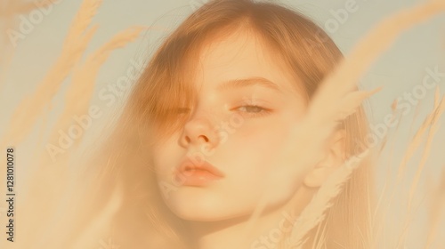 A dreamy young woman bathed in soft golden-hour light, 