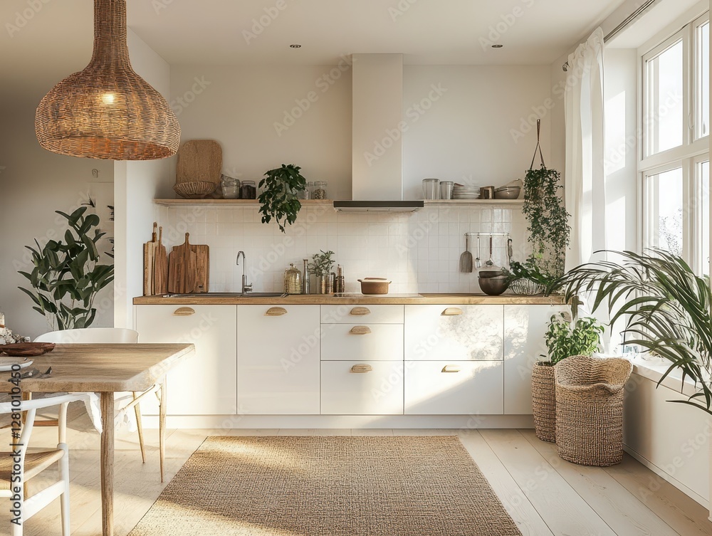 Fototapeta premium A modern kitchen space with plants and natural light