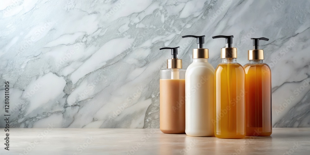 Obraz premium Shampoo bottles with foamy lather on a marble countertop, shampoo, household, shampoo, household, liquid, furniture