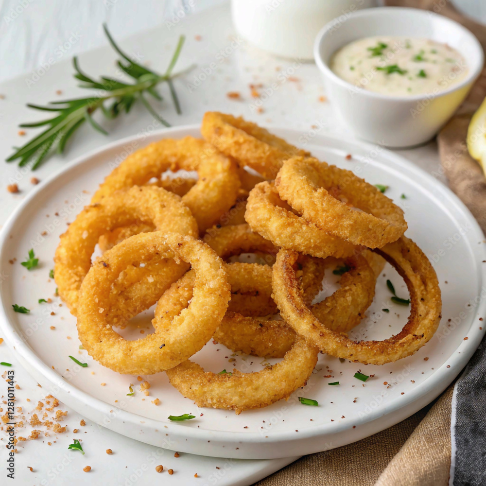 Beautiful Onions rings on white plate Beautiful Onions rings on white plate