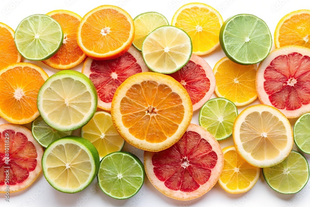 Fototapeta premium top view of orange grapefour and lemon citrus fruits with herbs on peach background 