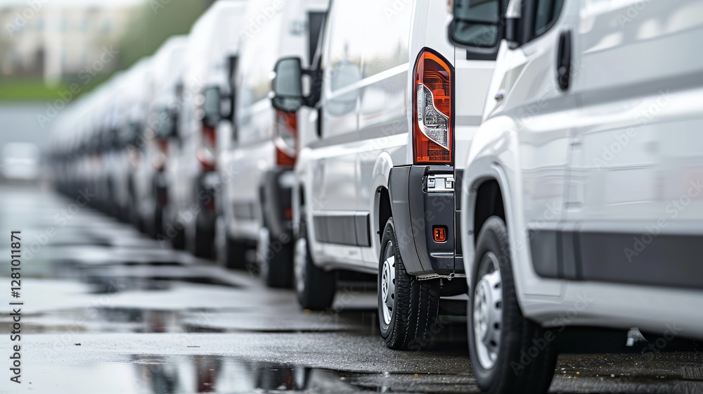 New white delivery vans gathered on wet asphalt, highlighting logistics and transportation sector New white delivery vans gathered on wet asphalt, highlighting logistics and transportation sector