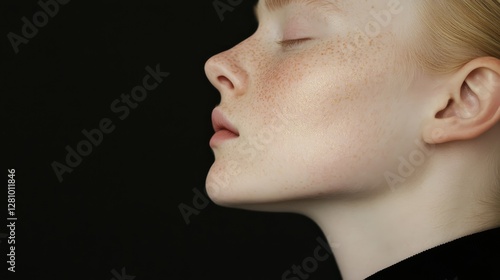 A high-definition side portrait of a woman with iridescent freckles, 