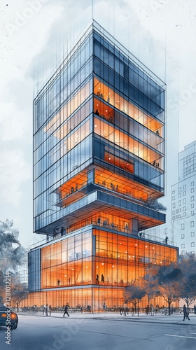 drawing of a glass office b...