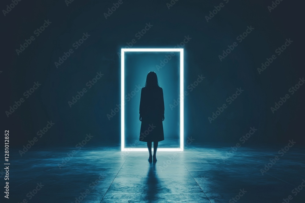 Obraz premium A silhouette of an astronaut is positioned on an extraterrestrial planet in front of a glowing neon rectangle, created using 3D rendering
