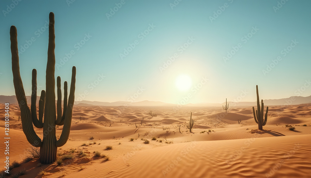 Vast desert landscape with tall green cacti and golden sand dunes under bright sun in clear blue sky Vast desert landscape with tall green cacti and golden sand dunes under bright sun in clear blue sky