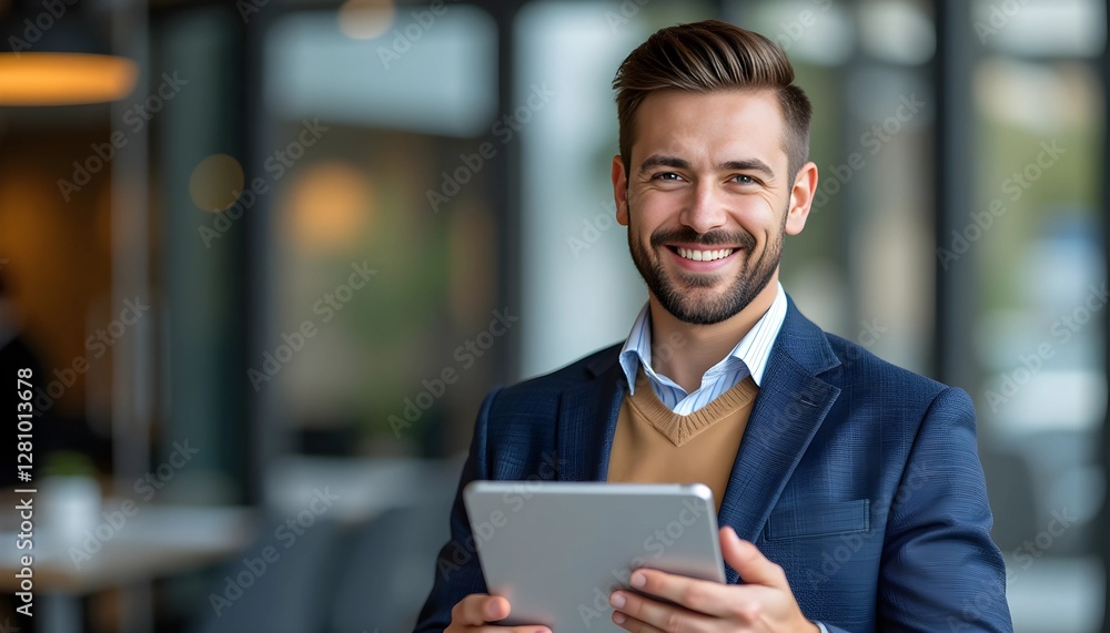 Smiling Businessman Holding Tablet, AI Generated Smiling Businessman Holding Tablet, AI Generated