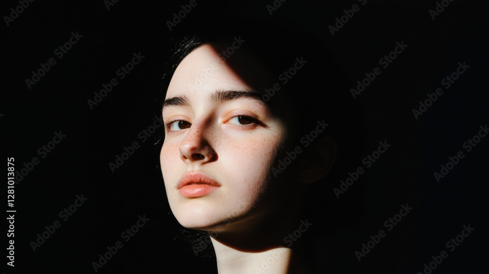 Fototapeta premium A moody portrait of a model with backlit golden highlights, 