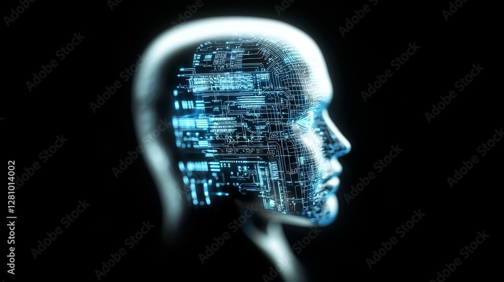 Obraz premium A red, humanoid robot from the future with a skull made of metal is displayed in a side-back view, positioned on a black background that includes free space for inserting text, created using advanced
