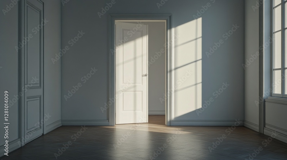 Fototapeta premium Light cascades through an open door, illuminating a minimalist white room. The warm glow creates a tranquil atmosphere, inviting exploration and quiet reflection in its inviting space