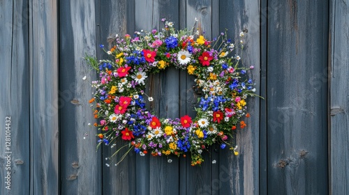 Colorful wildflowers wreath on rustic wood door.