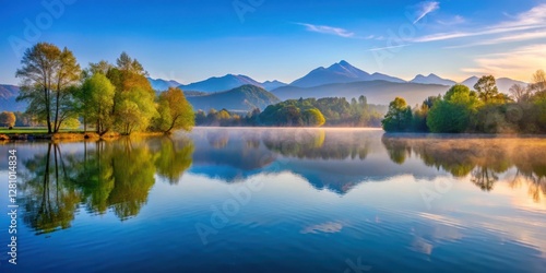 serene lake water reflections at Overlook Park with misty mountains in the background, calm, environment,  calm, environment