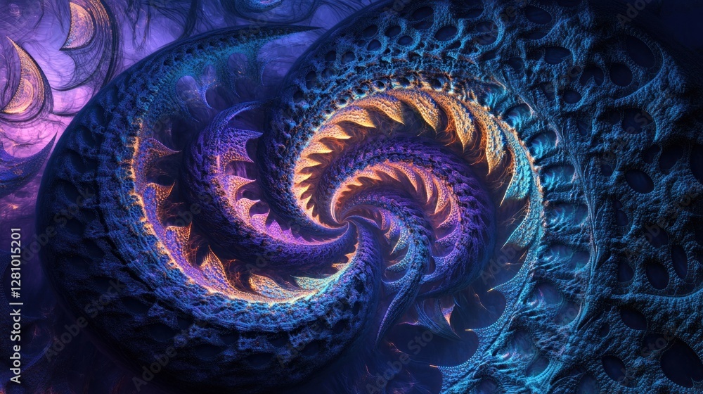 Abstract swirling fractal art with blue, purple, and orange hues. Abstract swirling fractal art with blue, purple, and orange hues.
