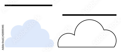 Solid light blue cloud shape beside black outline cloud. Both with horizontal black lines above. Ideal for design, weather apps, cloud computing, symbols, education, graphical elements. Line metaphor