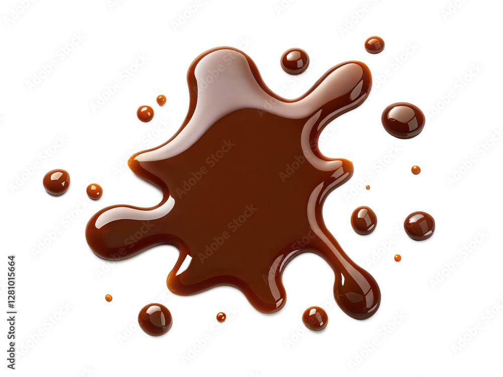 Dark brown liquid splash with glossy texture and scattered droplets. Perfect for coffee, chocolate, or caramel design concepts. Isolated on white background. Dark brown liquid splash with glossy texture and scattered droplets. Perfect for coffee, chocolate, or caramel design concepts. Isolated on white background.