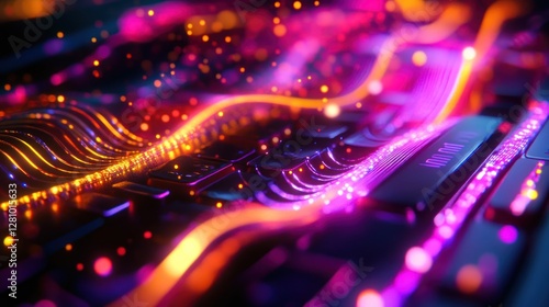 Abstract glowing waves flowing over keyboard.