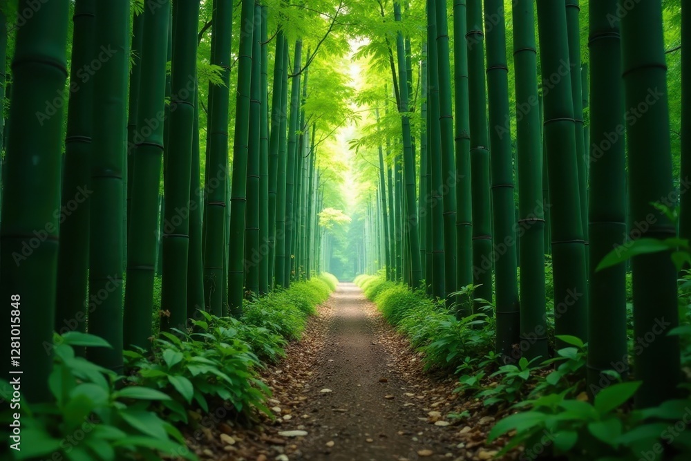 Obraz premium Narrow path disappearing into dense bamboo thicket , shade, wild