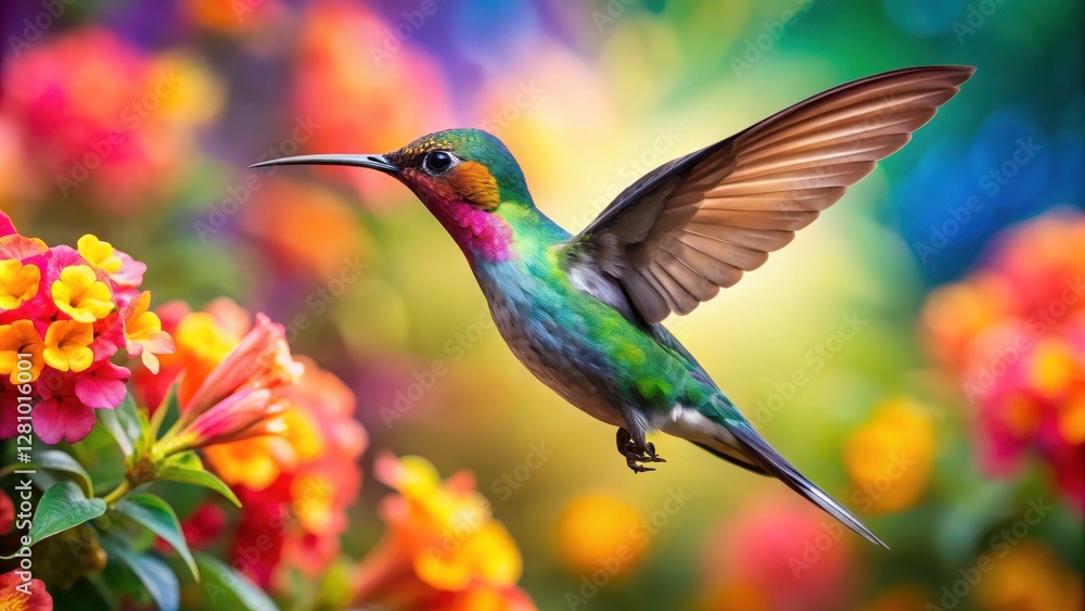 Naklejka premium Colorful Hummingbird in Flight over Vibrant Flowers