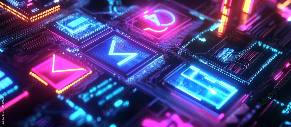 Neon glowing digital circuit board with data transfer icons. Neon glowing digital circuit board with data transfer icons.