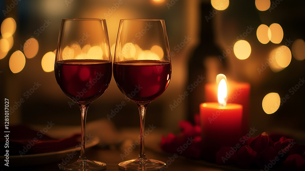 A romantic candlelit dinner table with two glasses of wine A romantic candlelit dinner table with two glasses of wine