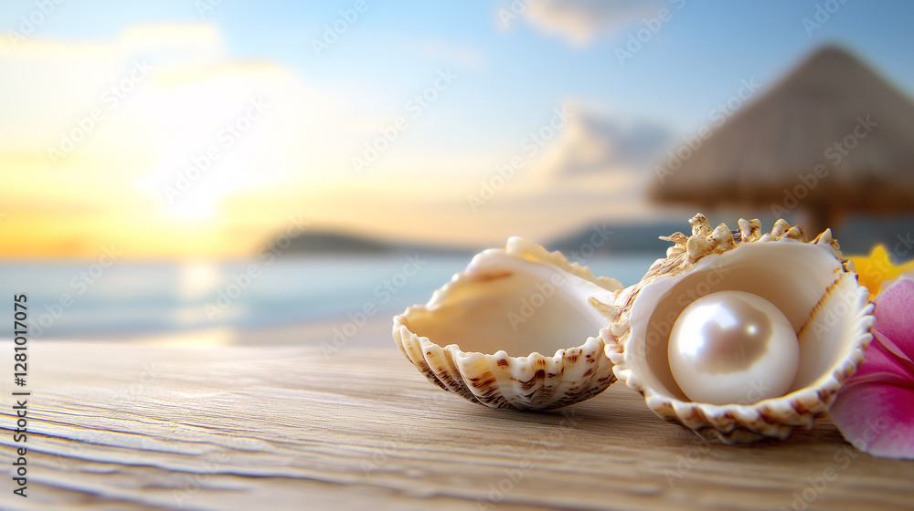 A stunning moment captures the tranquility of a beach at sunset, where a beautiful pearl rests in an open shell A stunning moment captures the tranquility of a beach at sunset, where a beautiful pearl rests in an open shell