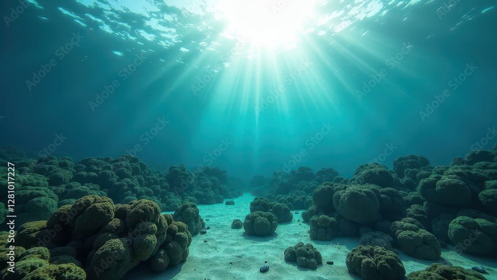 Naklejka premium Underwater coral reef affected by bleaching with sunlight filtering through 