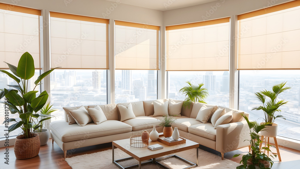 Fototapeta premium Bright modern living room with cozy furniture, large windows, natural sunlight, indoor plants, and minimalist luxury home interior decor.