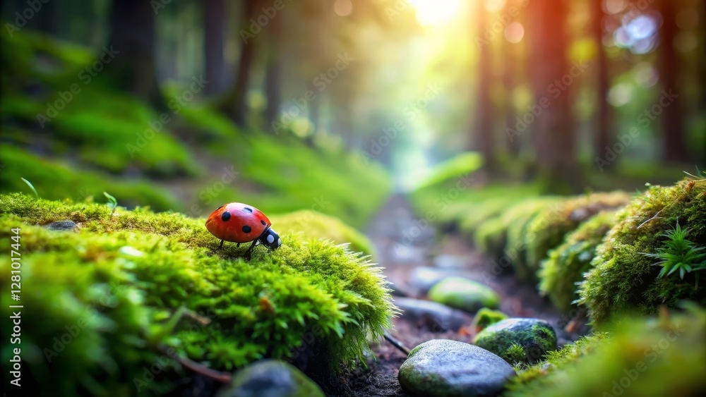 A ladybug's journey through a sun-dappled forest path, a vibrant tapestry of moss and glistening stones A ladybug's journey through a sun-dappled forest path, a vibrant tapestry of moss and glistening stones