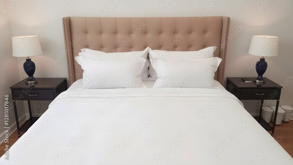 Fototapeta premium Luxury hotel bedroom with a large, comfortable bed and soft pillows, symbolizing relaxation, elegance, and premium accommodation.