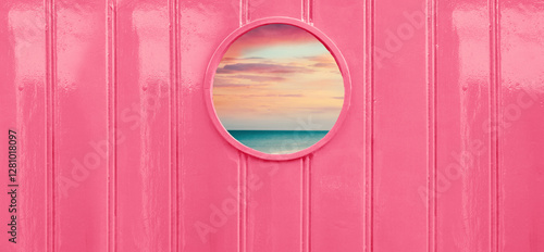 circle window with nature the summer sea and sky pink colorful wood wall architecture background