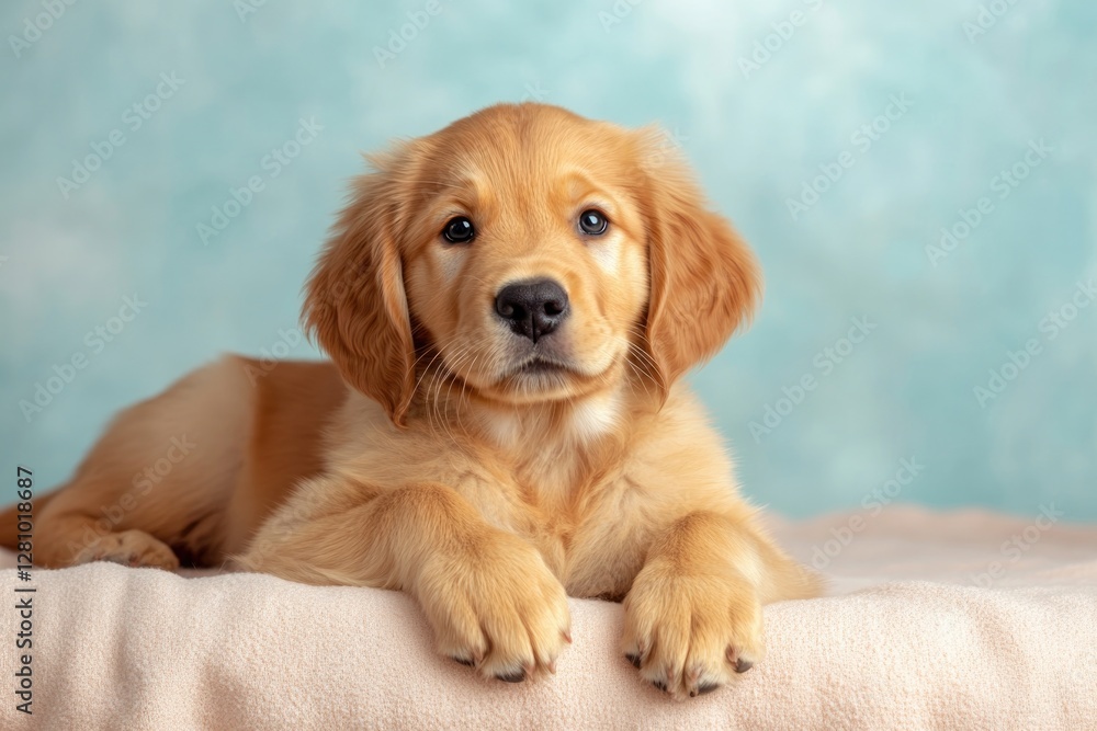 Obraz premium Playful golden retriever puppy resting on soft surface, bright b