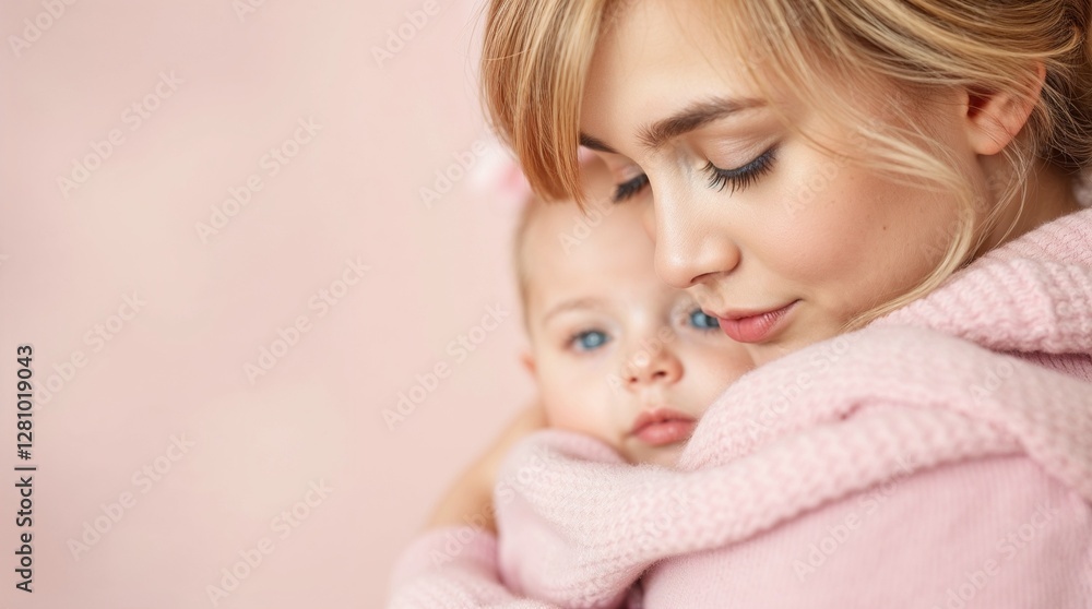 Young mother embracing her baby with warmth and tenderness in a soft pastel setting Young mother embracing her baby with warmth and tenderness in a soft pastel setting
