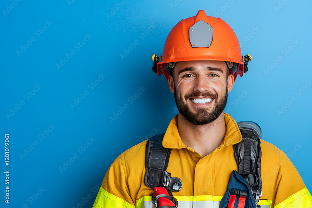 Closeup portrait of fireman in uniform smiling Closeup portrait of fireman in uniform smiling