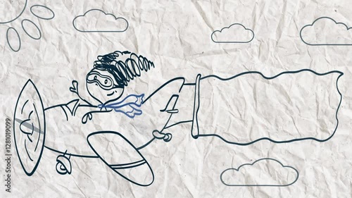 A girl flies on a plane with a banner. Sun and clouds.
Looped