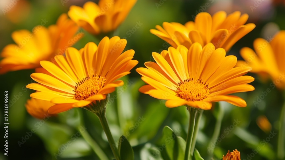 Vibrant orange calendula flowers blooming in sunlit garden Vibrant orange calendula flowers blooming in sunlit garden