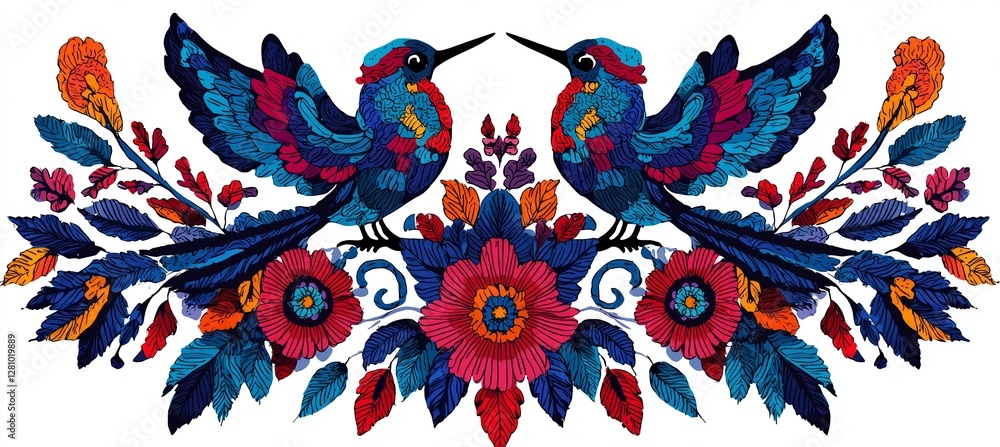 Obraz premium Modern fashion print featuring a horizontal botanical design with a digital illustration of an abstract floral pattern, birds, and a red and blue folklore motif on a white background with a