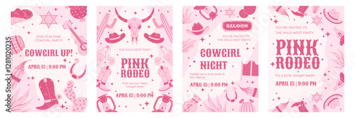 Set of pink Wild West-themed party poster templates with cowboy and rodeo illustrations. Cartoon vector design for event promotion. Poster mockups for greeting cards, invitations, or banners.