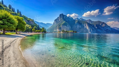 Fototapeta Naklejka Na Ścianę i Meble -  White sandy beach with crystal-clear lake water in Torbole sul Garda, Italy, italy, lake,  italy
