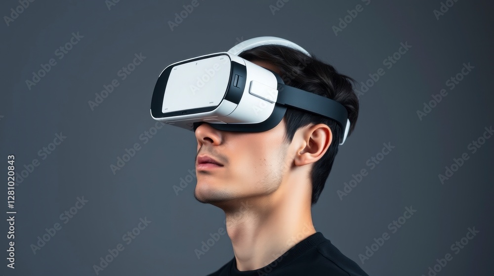 Profile of a man wearing VR goggles, slightly smiling Profile of a man wearing VR goggles, slightly smiling