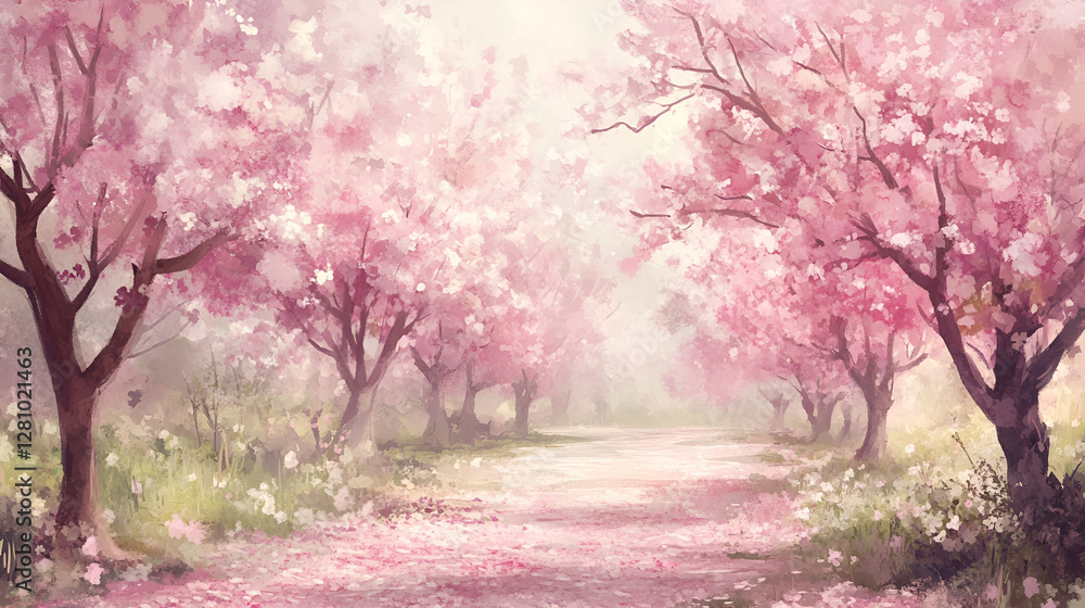 Path through blooming cherry blossom trees in spring Path through blooming cherry blossom trees in spring