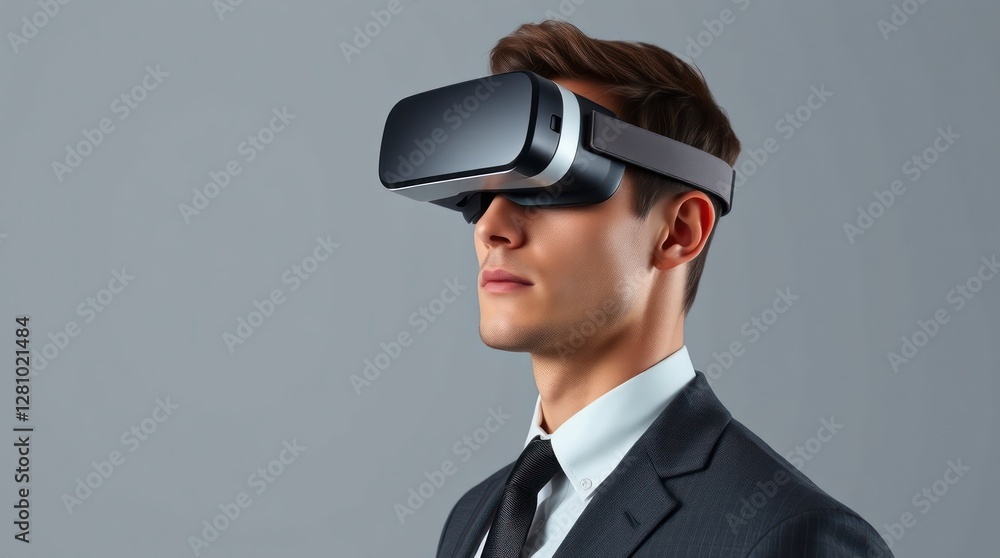Profile of a man wearing VR goggles, slightly smiling Profile of a man wearing VR goggles, slightly smiling