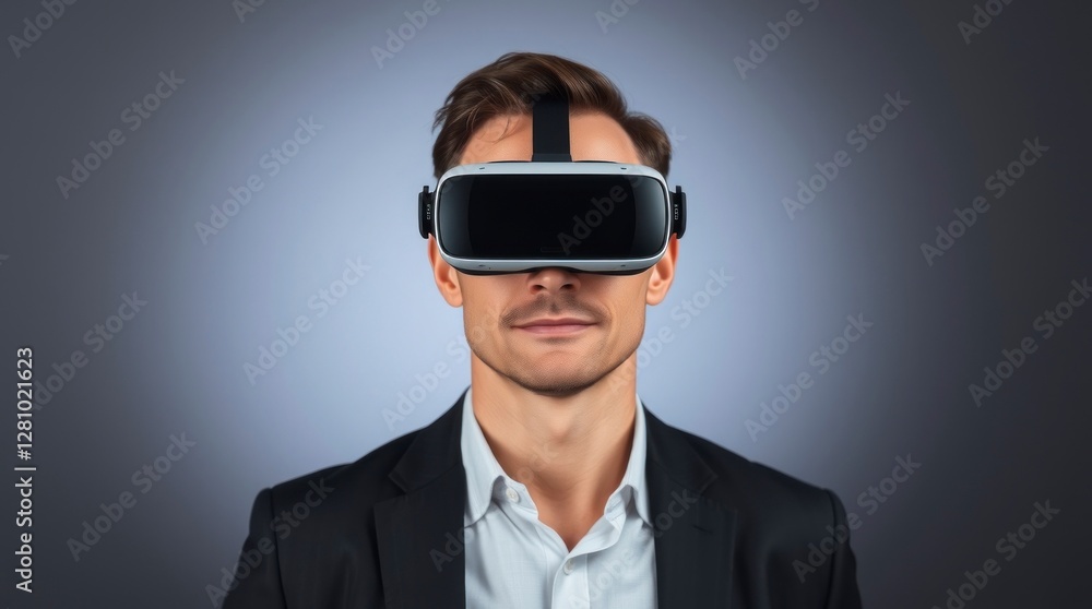 Profile of a man wearing VR goggles, slightly smiling Profile of a man wearing VR goggles, slightly smiling